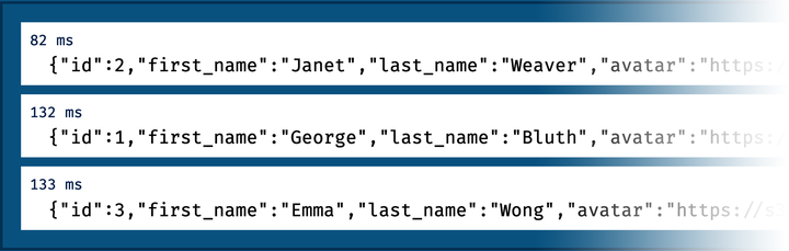 An output is shown different timestamps. Information about id: 2 is displayed at 82 milliseconds, information about id: 1 is displayed at 132 milliseconds, and information about id: 3 is displayed at 133 milliseconds.